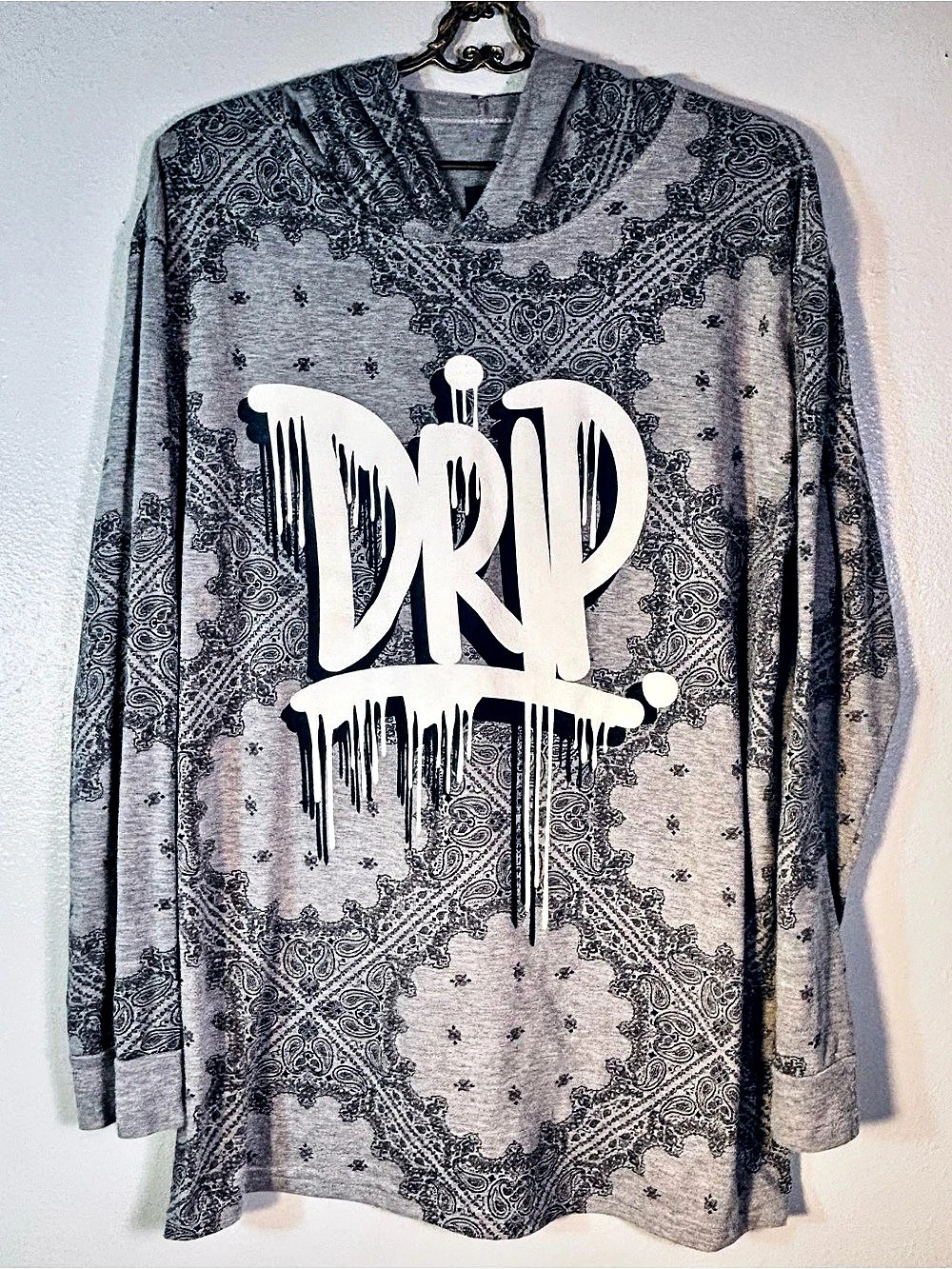 Hustle Drip Hoodie Men’s XL Y2K Style Bandana Paisley Graphic Streetwear Gray